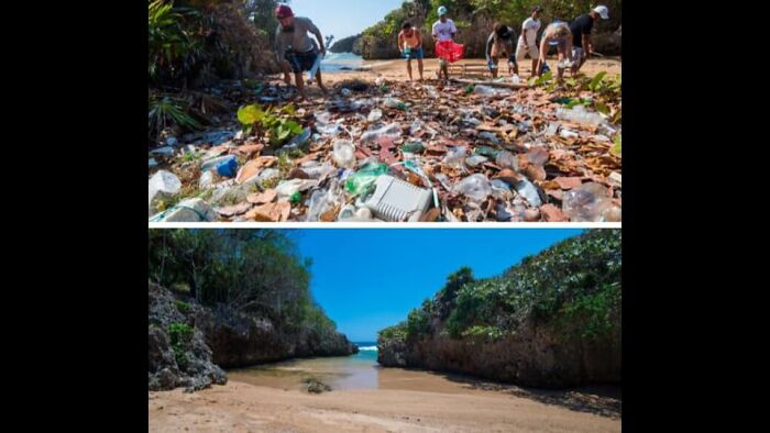 Before-and-after image showing people cleaning a trash-filled beach and the same beach after cleanup, highlighting the global trash issue.