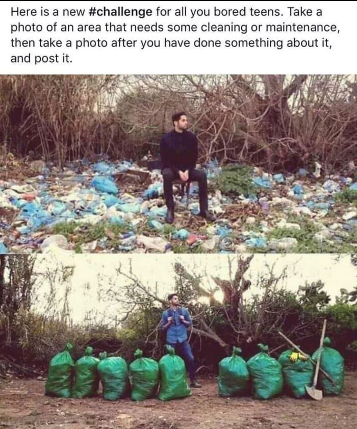 Before and after photo showing a man cleaning up a large amount of trash, highlighting how trash takes over the world.