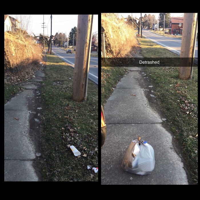 Before and after images of a sidewalk cleanup, illustrating how people can reduce trash and improve public spaces.