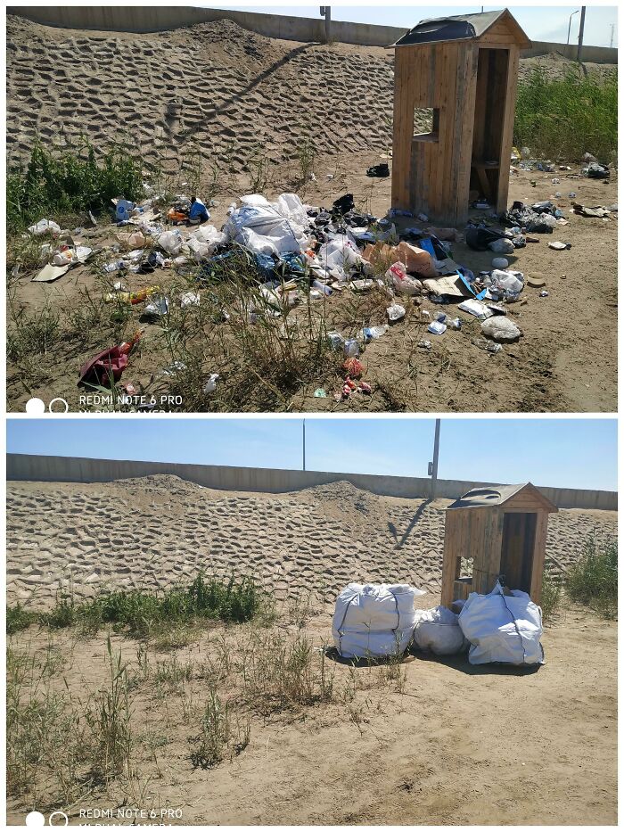 Before and after images of a roadside area, demonstrating the significant impact of people cleaning up trash.