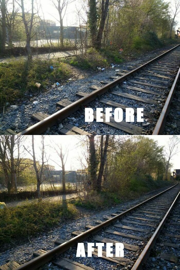 A before-and-after image shows a railway track, highlighting the removal of trash by influencers.