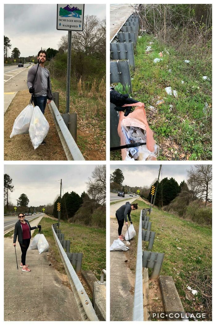 A collage shows people collecting trash along a road, being influencers for a cleaner environment.