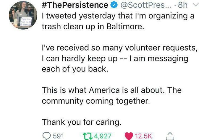 A tweet about organizing a trash cleanup in Baltimore, showing that people care about taking over the world.