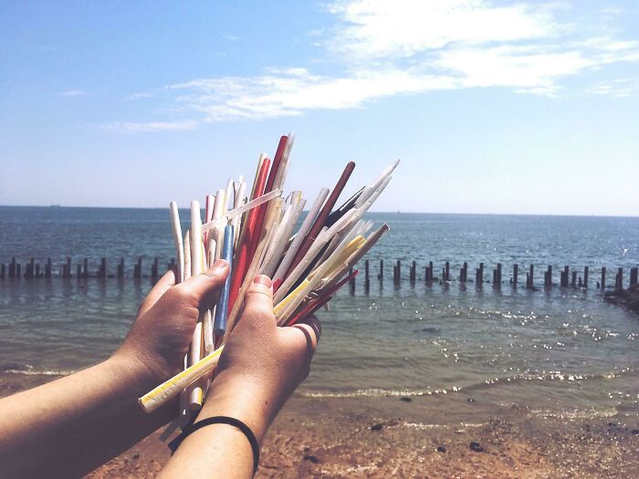 Hands holding many plastic straws, with the ocean in the background, highlighting trash.