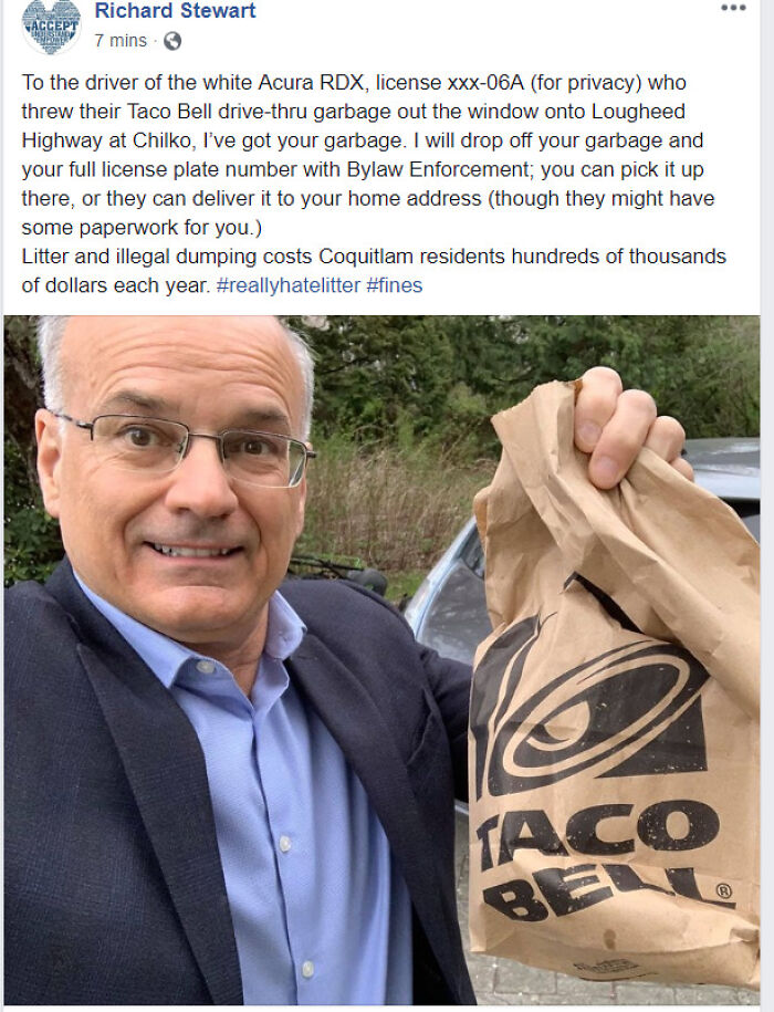 A man smiling and holding a Taco Bell bag, highlighting the problem of trash taking over the world.