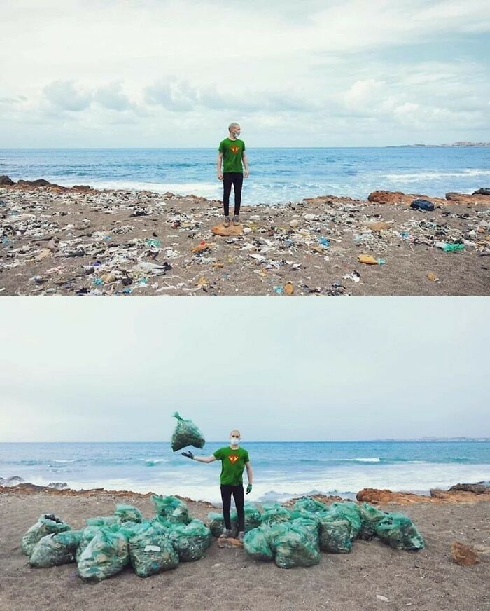 Two images of a person on a beach, first surrounded by trash and then with bags of collected trash, as trash takes over the world.