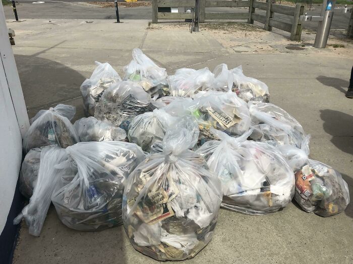 Many clear plastic bags filled with collected trash sit on a paved surface, a visual representation of trash removal.