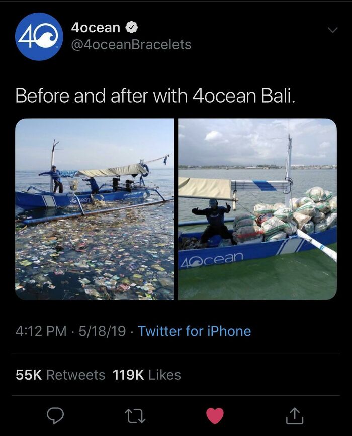 Before and after images show a boat on a body of water, first surrounded by trash, then clean, showcasing efforts to reduce trash.