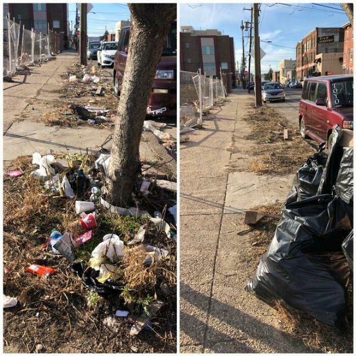 Before-and-after image shows a street cleaned of trash, influencing a better world.
