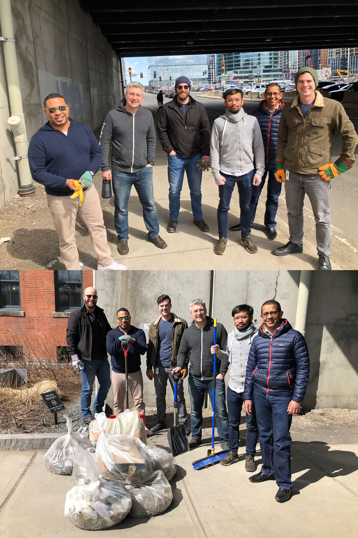 Before and after image of people cleaning up trash from a park, influencing others to do the same.