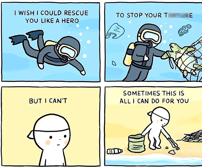 Comic strip illustrating the fight against trash; a diver rescuing a turtle and a person cleaning a beach.