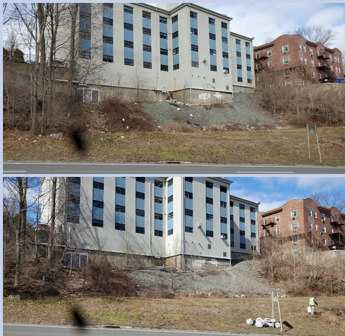 Before and after image showing people cleaning up trash from around buildings.