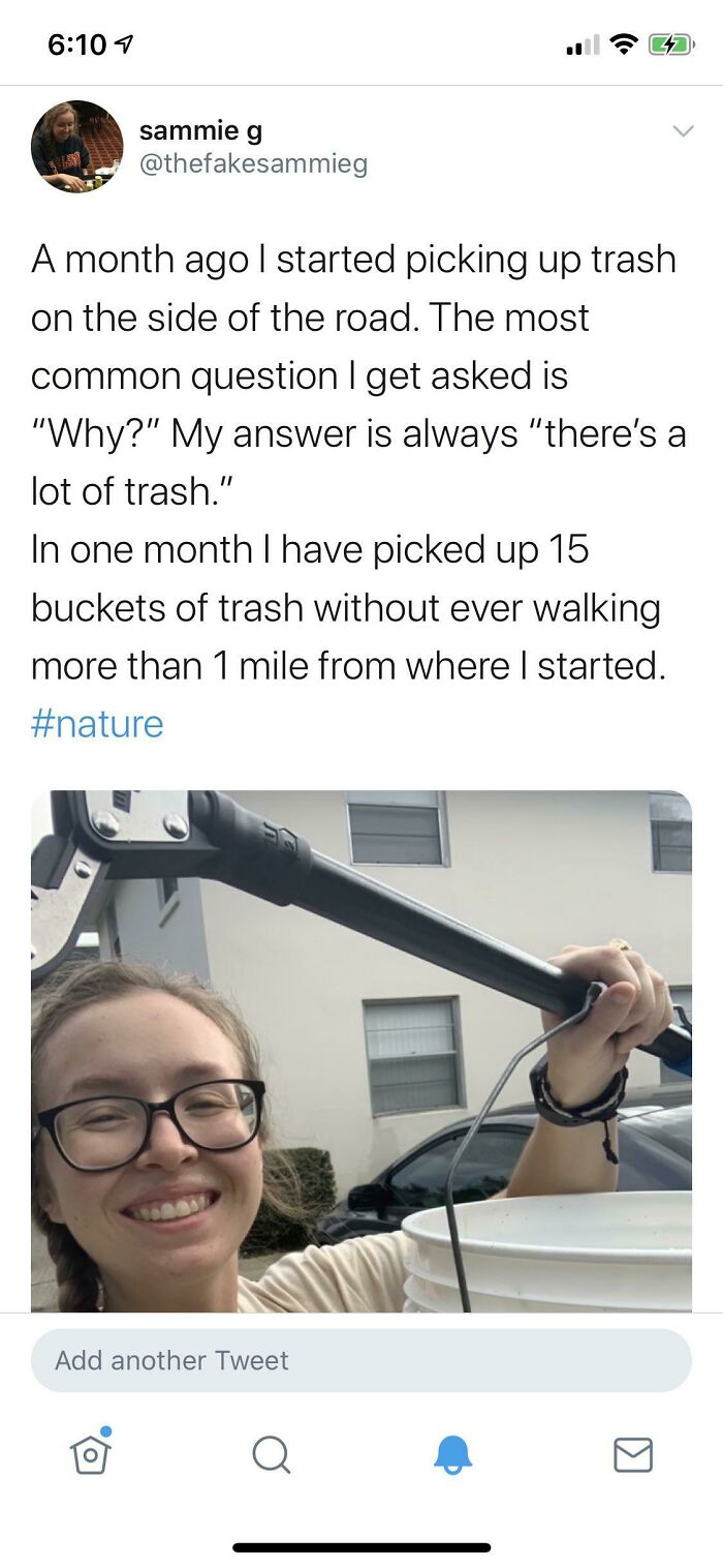 A screenshot of a tweet from Sammie G about picking up trash, featuring a smiling woman holding a bucket and picker.