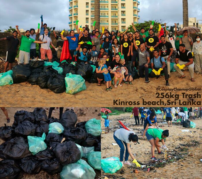 A composite image of people in Kinross beach, Sri Lanka, collecting trash and posing with many full trash bags.