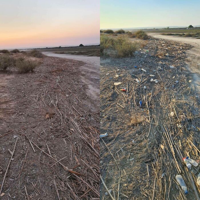 Before and after comparison of a dirt road, one side covered in trash taking over the world, the other clean.