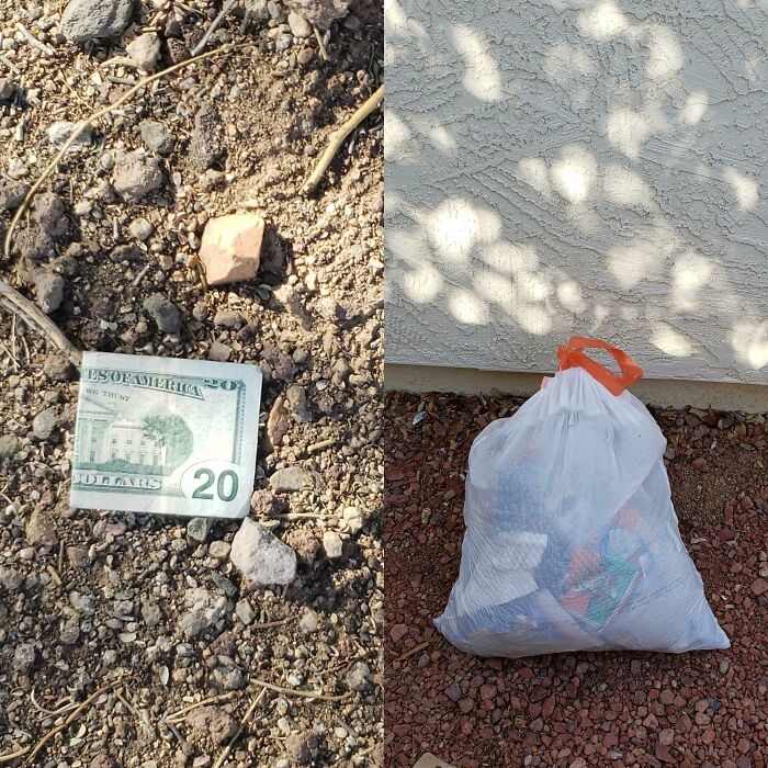 A $20 bill next to a bag of trash on the ground, emphasizing the value of cleaning up trash.