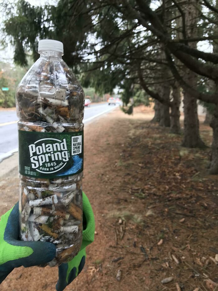 A hand in a green glove holds a water bottle filled with collected trash, mostly cigarette butts, beside a road.