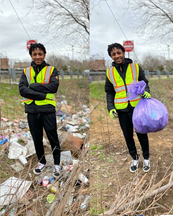 A person in a reflective vest stands amidst trash before and after collecting it into a purple bag.