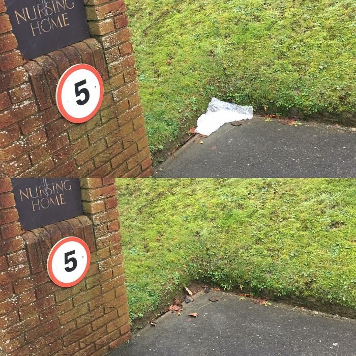 Before-and-after image shows trash taking over the world near a Nursing Home sign, then removed.