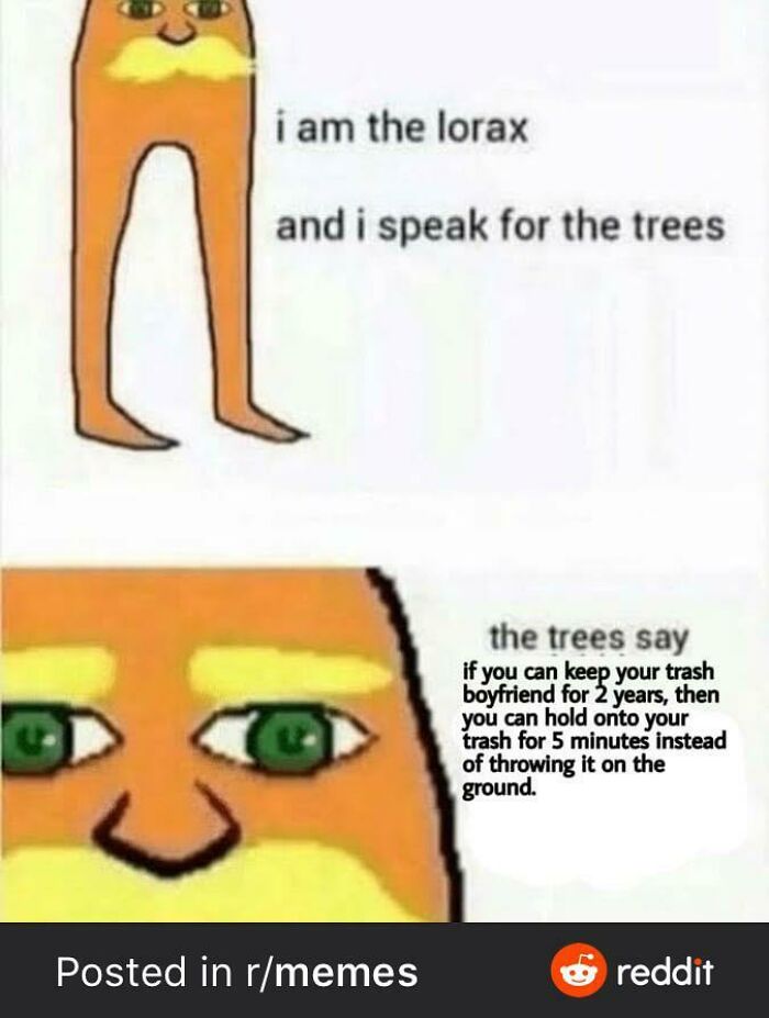 A Lorax meme speaks for trees, urging people not to throw trash on the ground to prevent trash taking over the world.