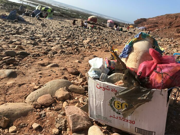 A cardboard box overflowing with trash on a rocky beach, showing how trash takes over the world.
