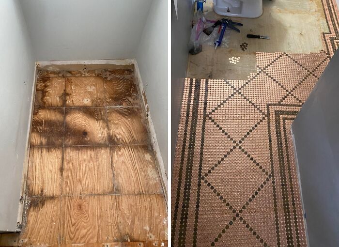 A DIY home project showing a penny tile floor transformation, proving you don't need a huge budget to transform a space.