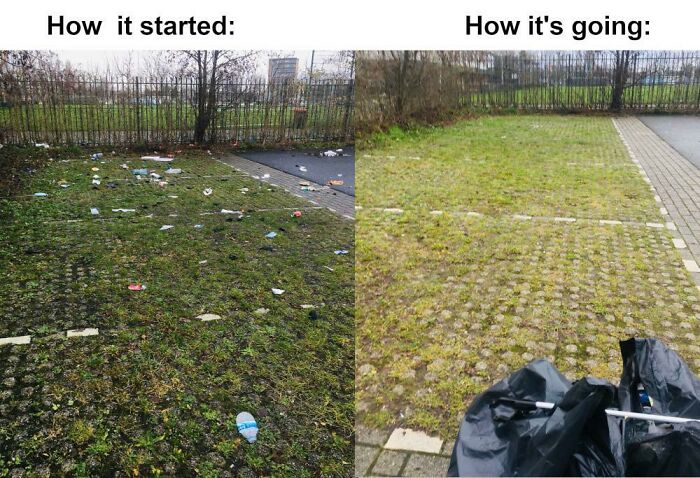 A side-by-side view of a parking area covered in trash and then completely clean, illustrating how people tackle trash.