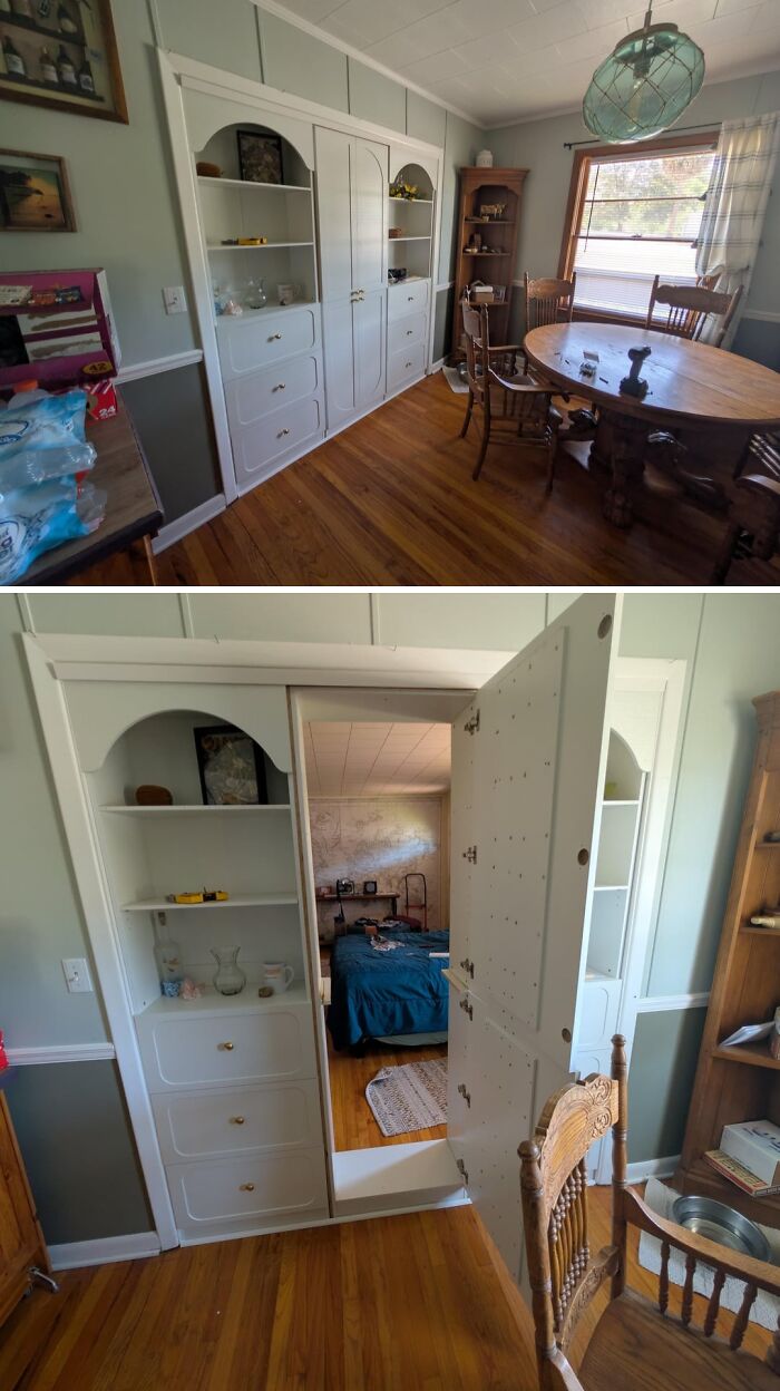 A DIY home project: a split image showing built-in shelves hiding a secret room, transforming a dining area.