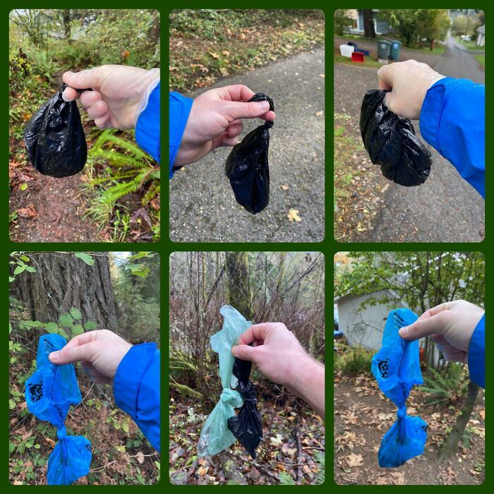 Six-panel image showing hands holding various small bags of collected trash, highlighting the problem of discarded trash.