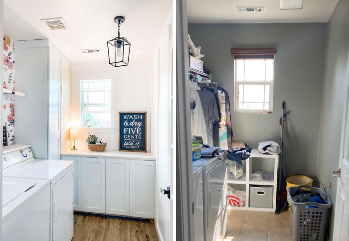 A DIY home project: a split image showing a before-and-after laundry room transformation from cluttered to chic white cabinets.