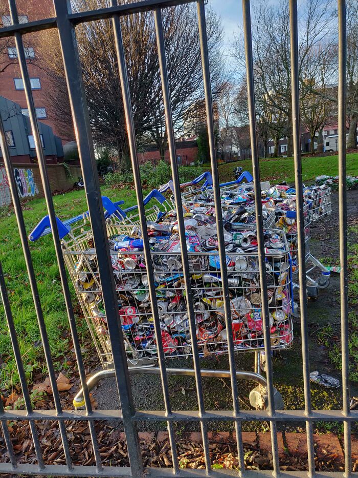 A shopping cart overflowing with trash, mostly aluminum cans, highlighting the issue of trash taking over the world.
