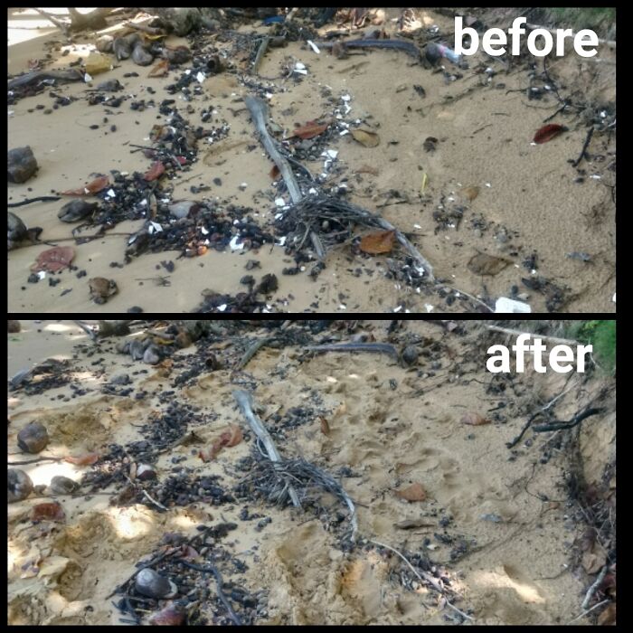 Before and after images of a beach show a significant reduction in trash, demonstrating people cleaning up trash.
