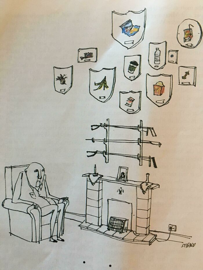 Illustration depicting a person sitting next to a fireplace, with framed trash items on the wall as trash takes over the world.