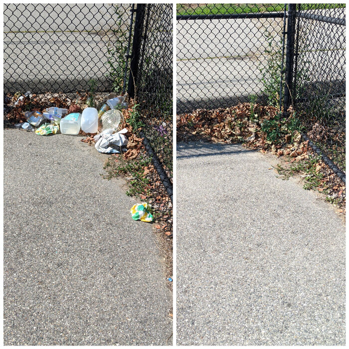 Before and after image of a cleaned area showing less trash, highlighting efforts against trash taking over the world.