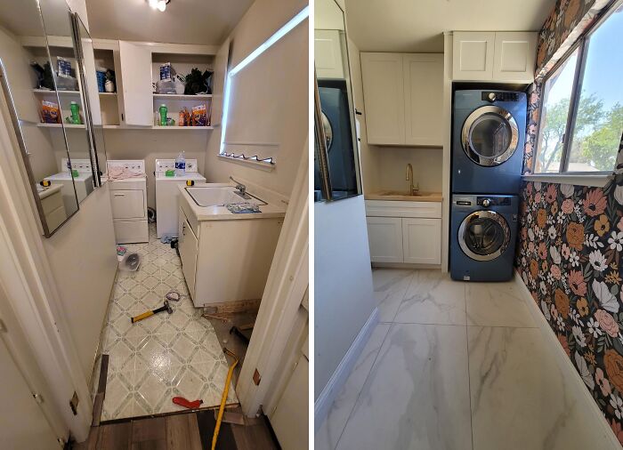Before and after a brilliant DIY home project in a laundry room, featuring new flooring, stacked washer/dryer, and floral wallpaper.