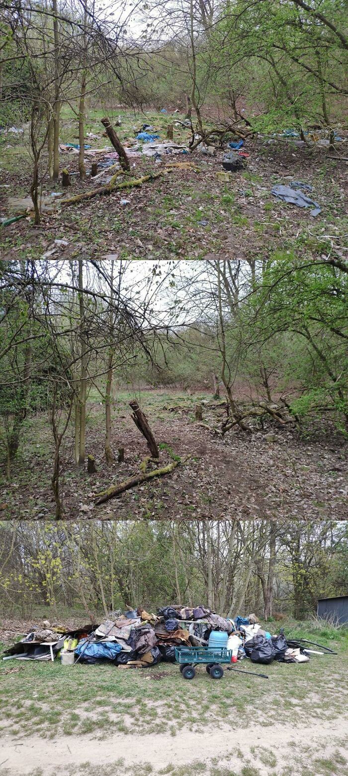 A series of images showing a wooded area before and after a cleanup, with collected trash piled up, showcasing efforts against trash.