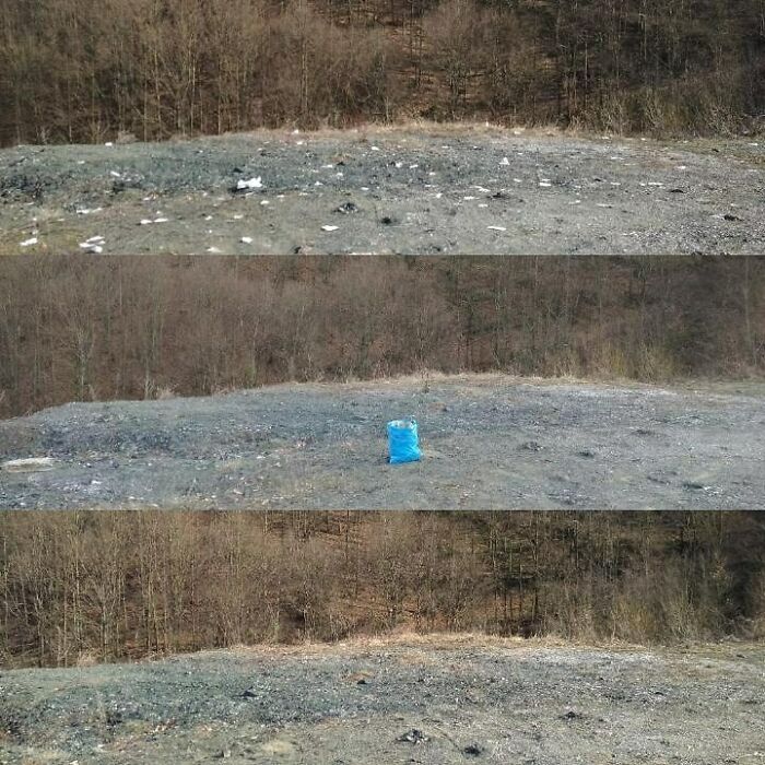 A three-panel image showing a pile of trash, a single blue bag of trash, and a clean area, illustrating how trash takes over the world.