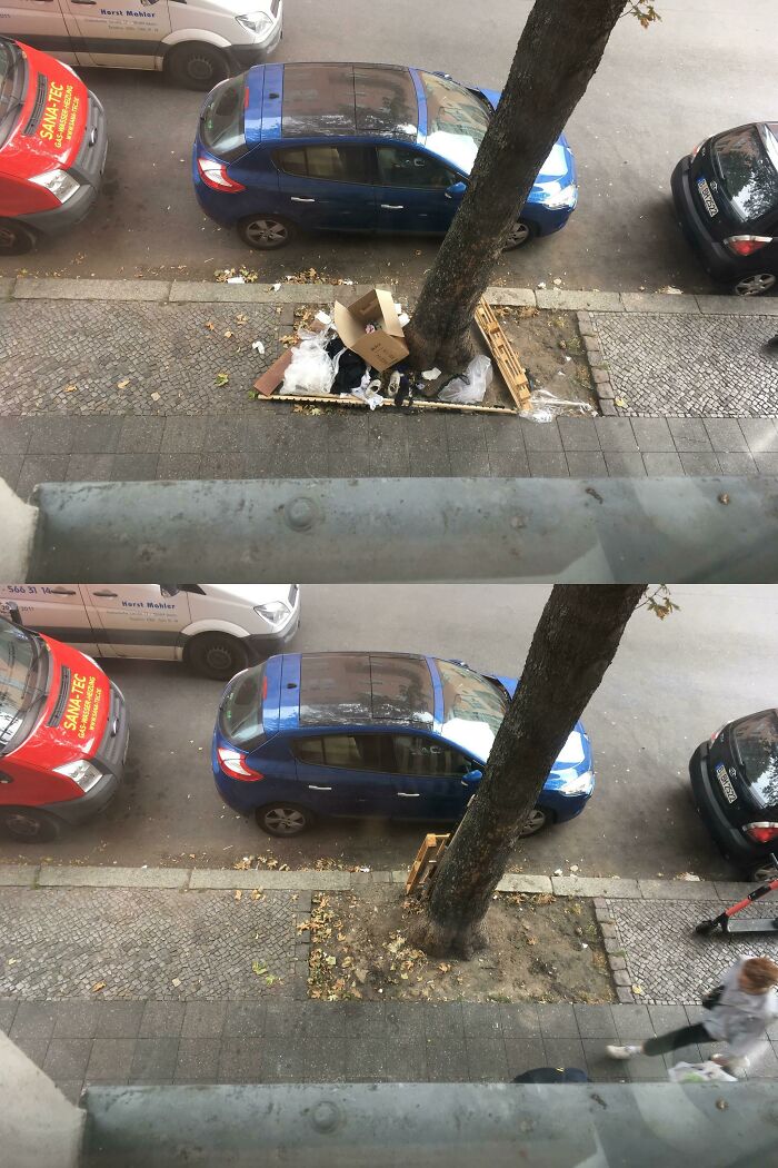 A two-panel image showing trash around a tree on a sidewalk, then clean, emphasizing how trash takes over the world.