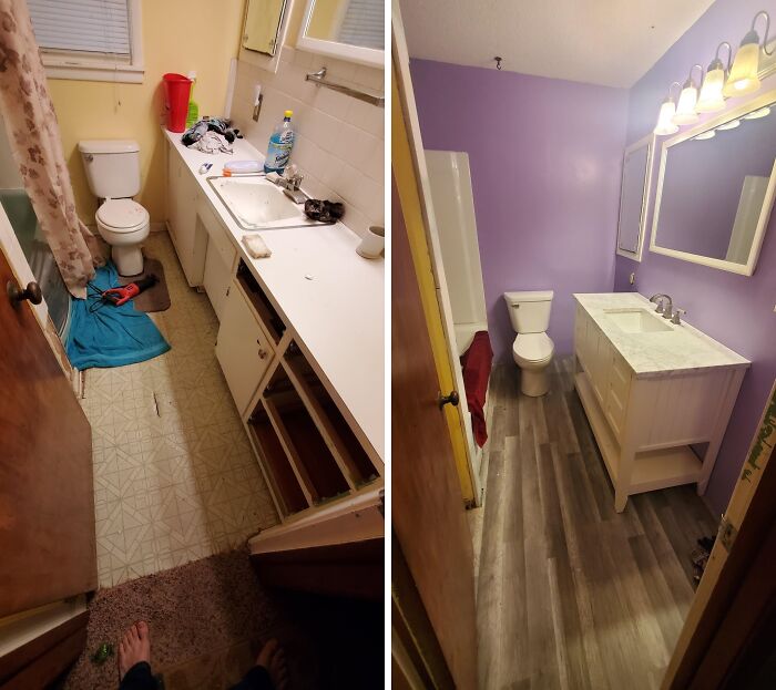 Before and after a DIY home project showing a cluttered bathroom updated with new flooring, vanity, and paint.