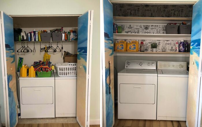 Before and after a DIY home project transforming a messy laundry closet into an organized space with shelves.