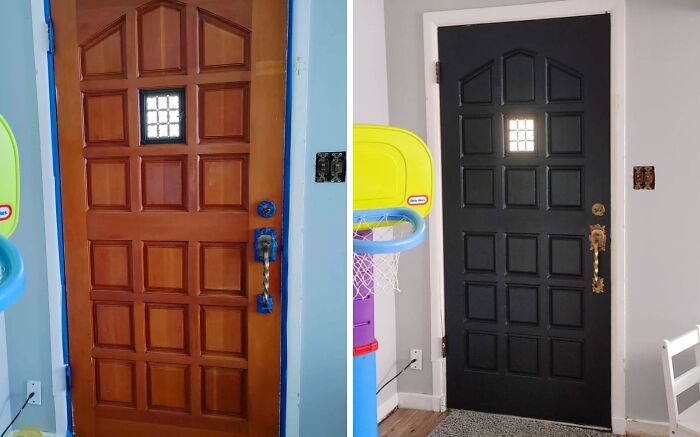 Front door before and after a DIY home project, painted black, demonstrating a simple yet impactful budget transformation for a space.