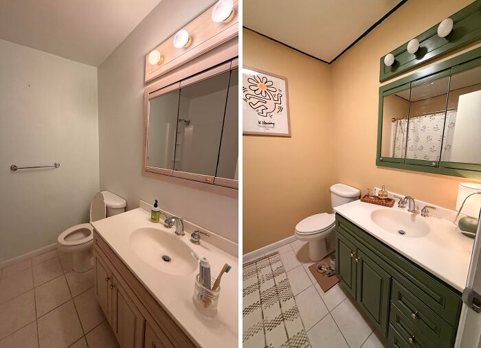 Bathroom before and after a DIY home project, with a new green vanity and warmer wall color, illustrating budget-friendly space transformation.