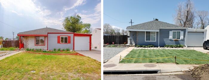 Exterior of a house before and after a DIY home project, showing landscaping and paint transformation on a budget.