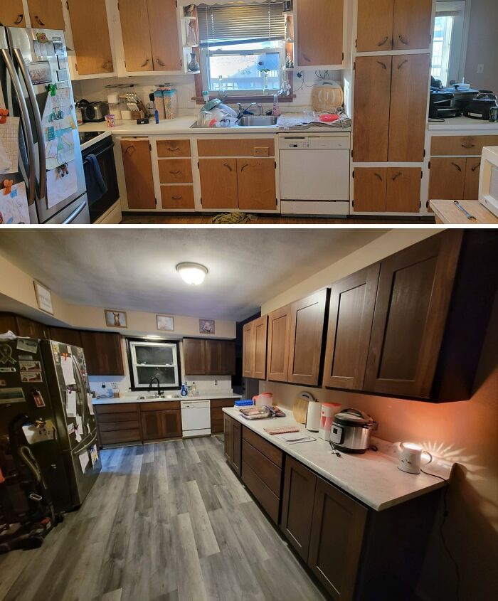 Before and after of a kitchen with updated cabinets and flooring as brilliant DIY home projects.