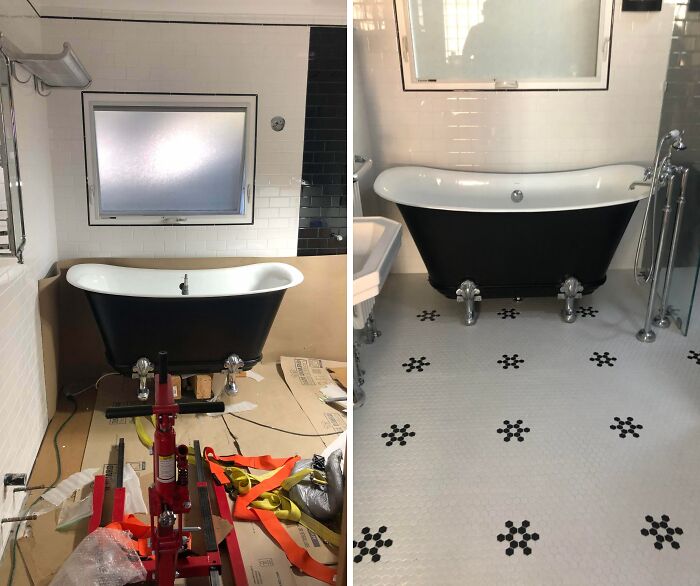 Before and after of a bathroom with a black clawfoot tub and hexagon tile, showcasing a DIY home project.