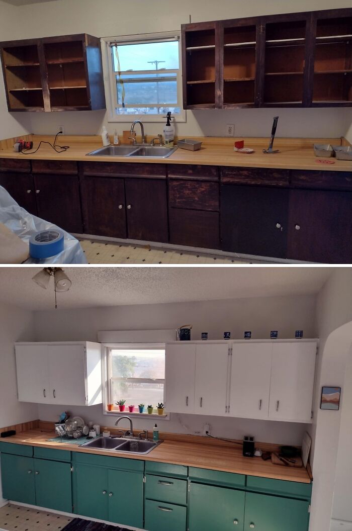Before and after shot of a kitchen showing DIY home projects for a budget-friendly transformation.