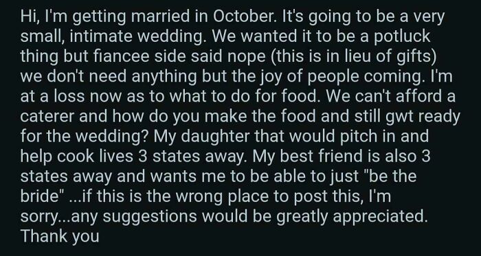 A social media post from a bride-to-be asking for advice on food for a small, intimate wedding, sharing wedding day concerns.