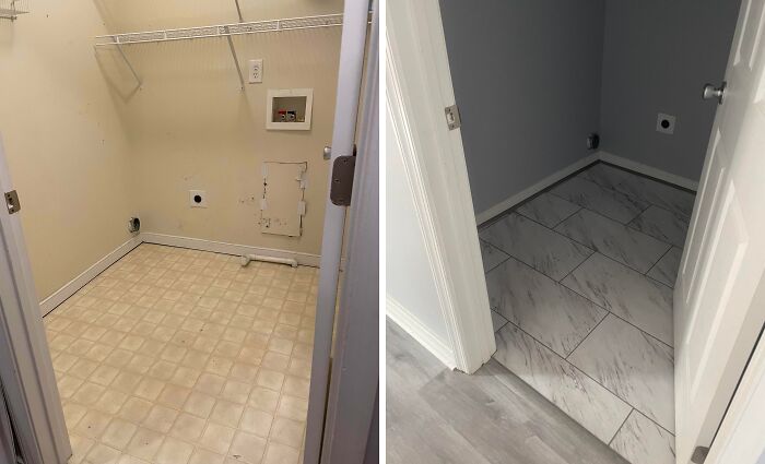 DIY home project before-and-after of a laundry closet, updated with fresh paint and new floor tiles for a budget transformation.