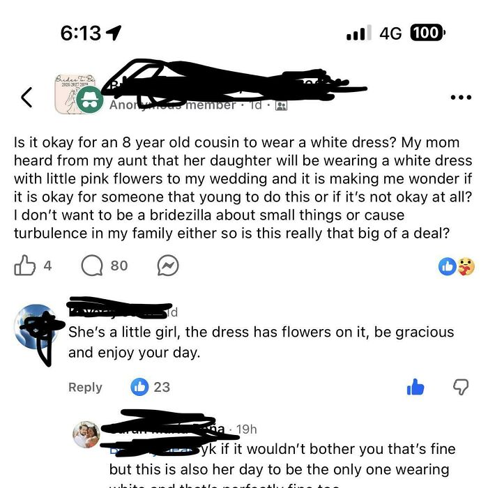 A social media post from a bride-to-be asking if an 8-year-old cousin can wear a white dress to the wedding, discussing wedding day etiquette.