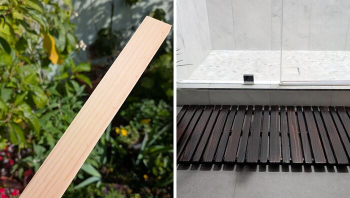 A simple wooden slat before and after transformation into a stylish, budget-friendly shower mat DIY home project.